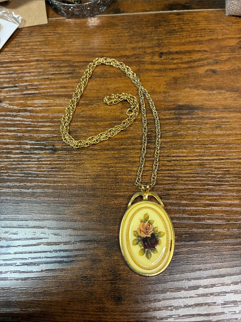 Gold-Tone Floral Oval Pendant Necklace - Yellow Enamel